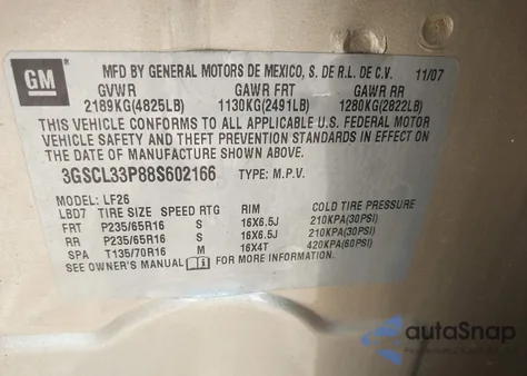 2008 Saturn Vue 4-Cyl Xe z USA, uszkodzony, nr VIN 3GSCL33P88S602166